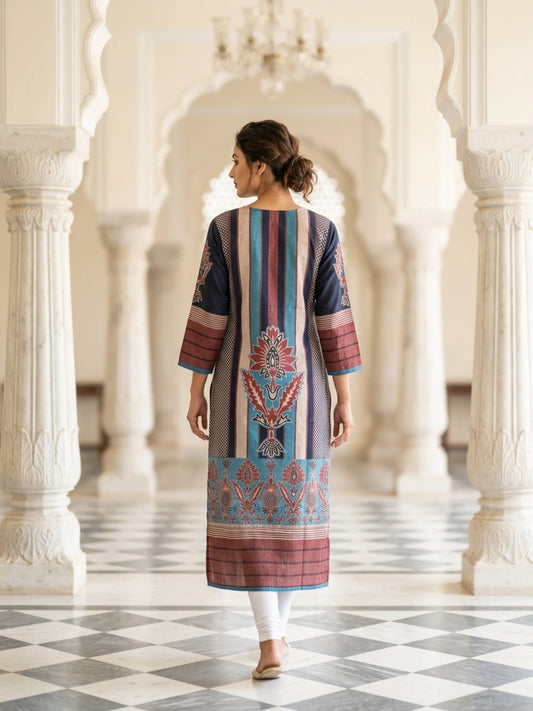 Swati Women Ethnic Motifs Pure Cotton Kurti with Round Neck & Three-Quarter Sleeves