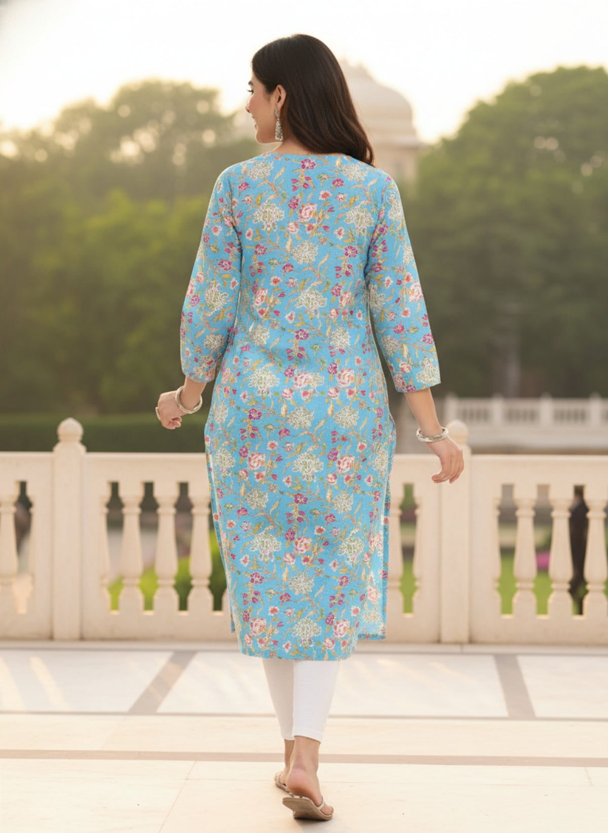 Women Sky Blue Floral Printed Pure Cotton Straight Kurti