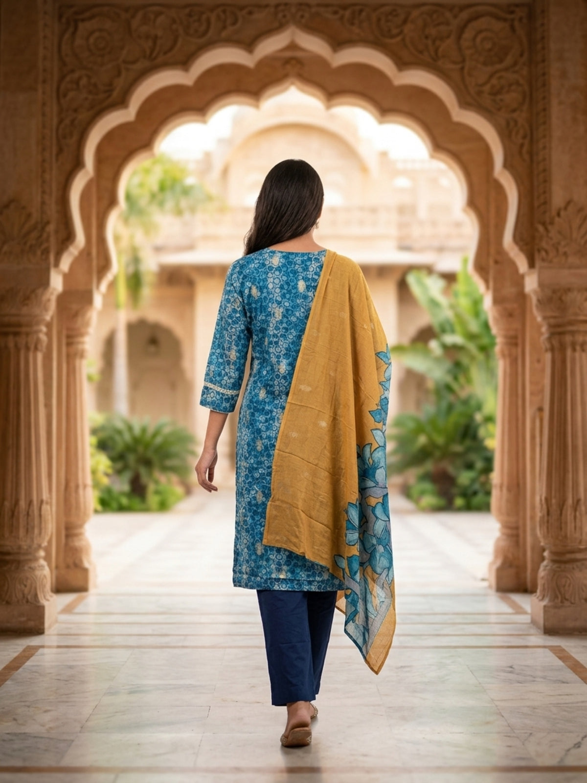 Stella Women Modal Flower Printed Kurta with Solid Trouser & Matching Dupatta Set | Round Neck 3/4 Sleeves Woven Kurta with Elasticated Waistband | Slip-On Bottom | Ethnic Wear | Ank