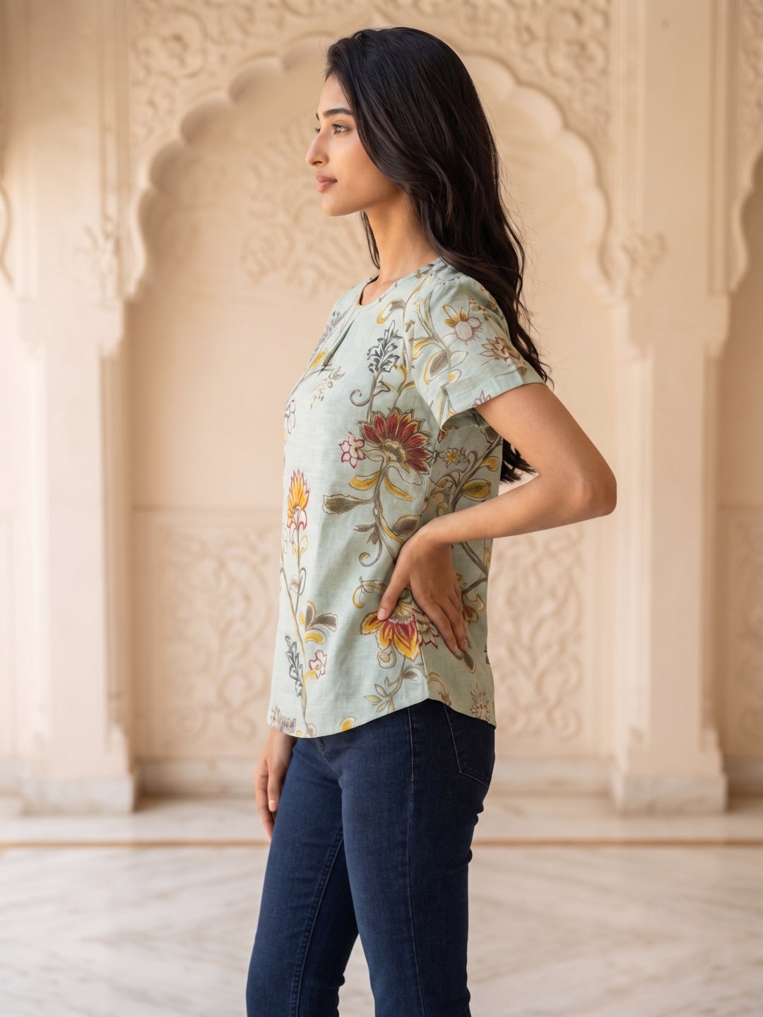 Tiyasha Light Green Floral Chanderi Modal A-Line Kurti For Women with Round Neck & Short Sleeves | Ank