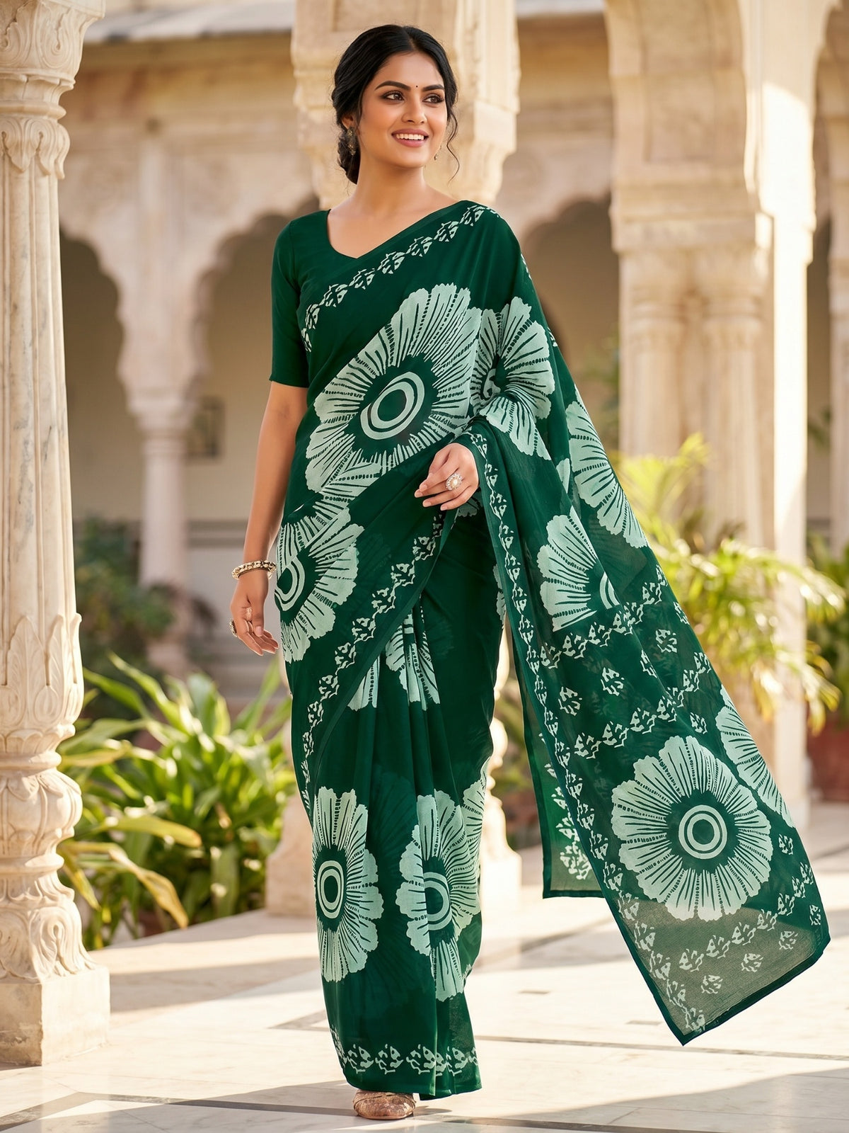 Malang 95 Pure Cotton Printed Daily Wear Saree – Dark Green