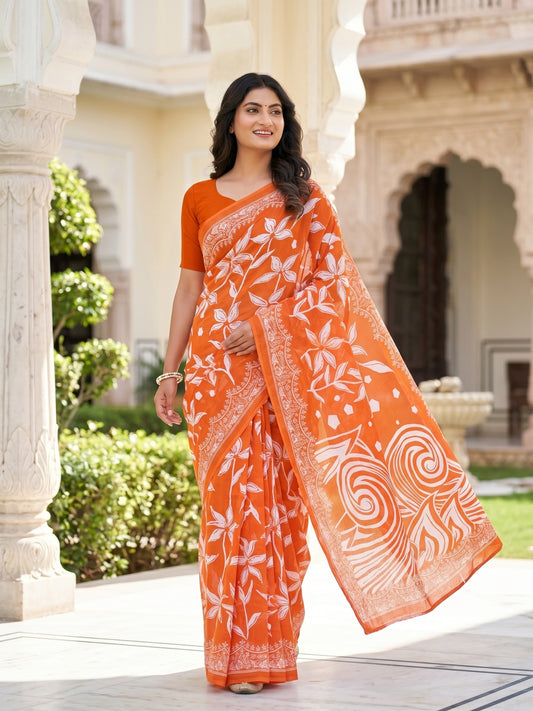 Malang 94 Pure Cotton Printed Daily Wear Saree – Orange