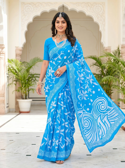 Malang 94 Pure Cotton Printed Daily Wear Saree – Light Blue