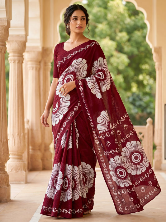 Malang 95 Pure Cotton Printed Daily Wear Saree – Maroon