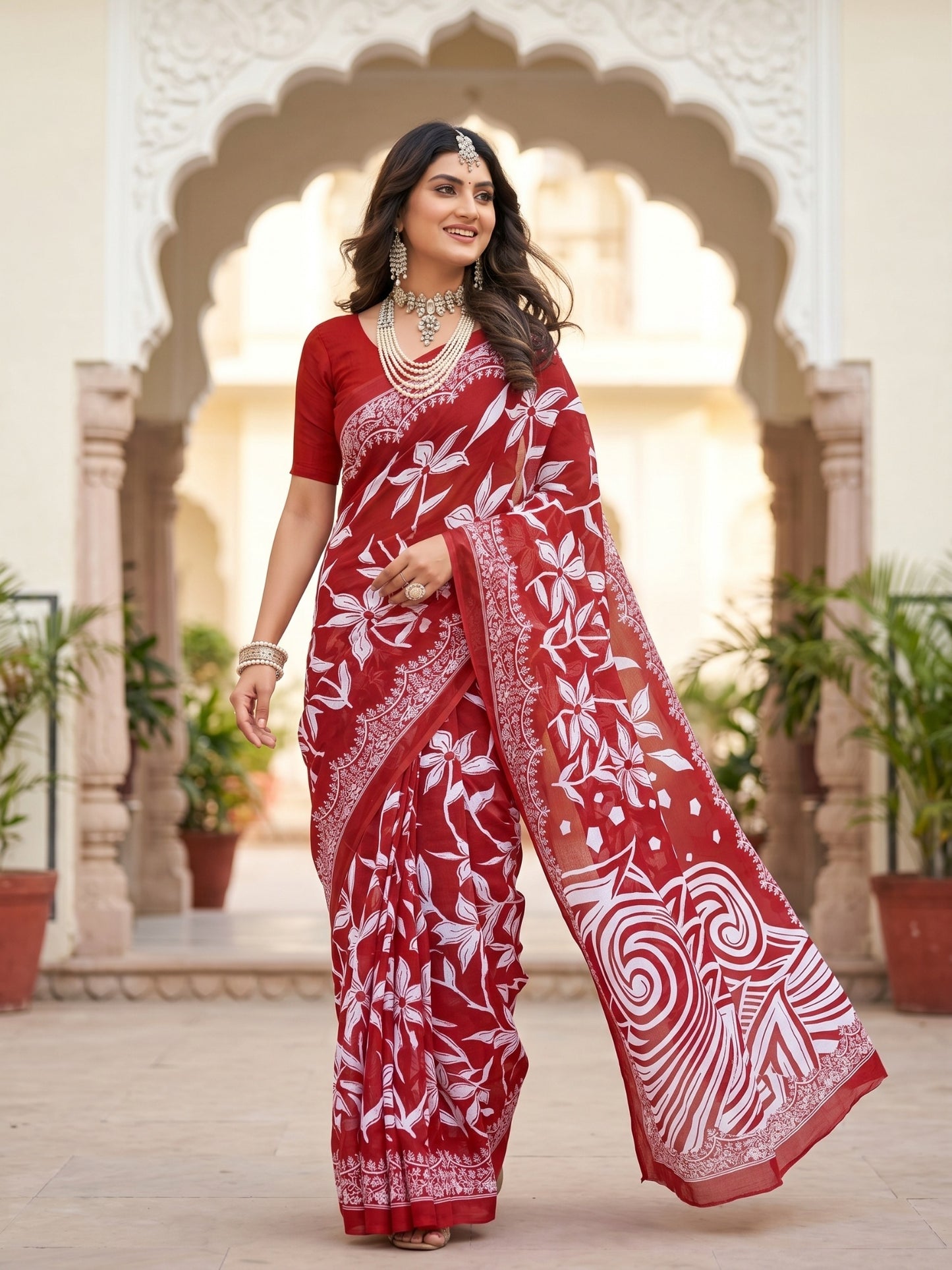 Malang 94 Pure Cotton Printed Daily Wear Saree – Dark Red