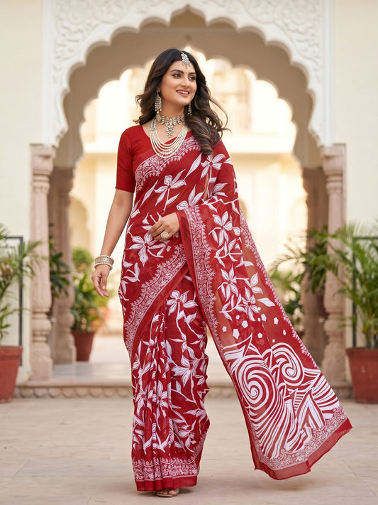 Malang 94 Pure Cotton Printed Daily Wear Saree – Dark Red