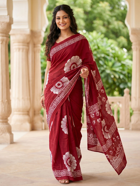 Malang 95 Pure Cotton Printed Daily Wear Saree – Red