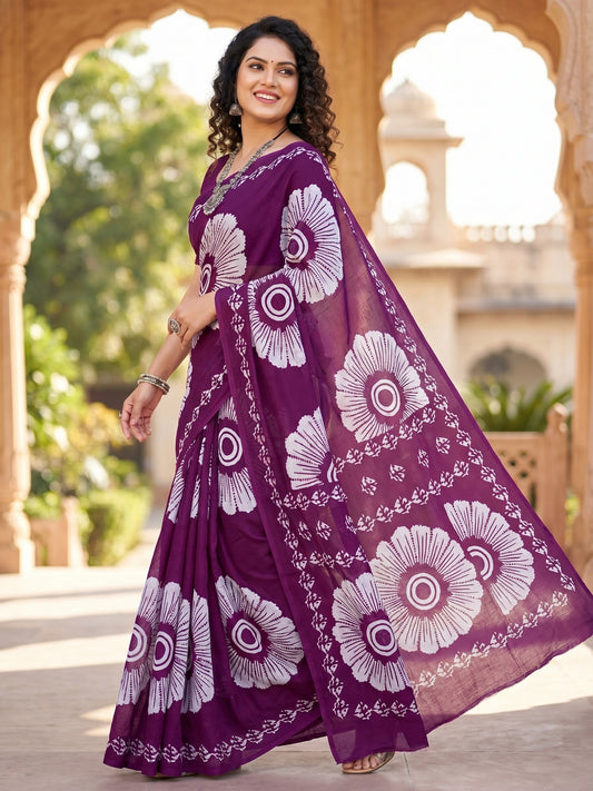 Malang 95 Pure Cotton Printed Daily Wear Saree – Purple