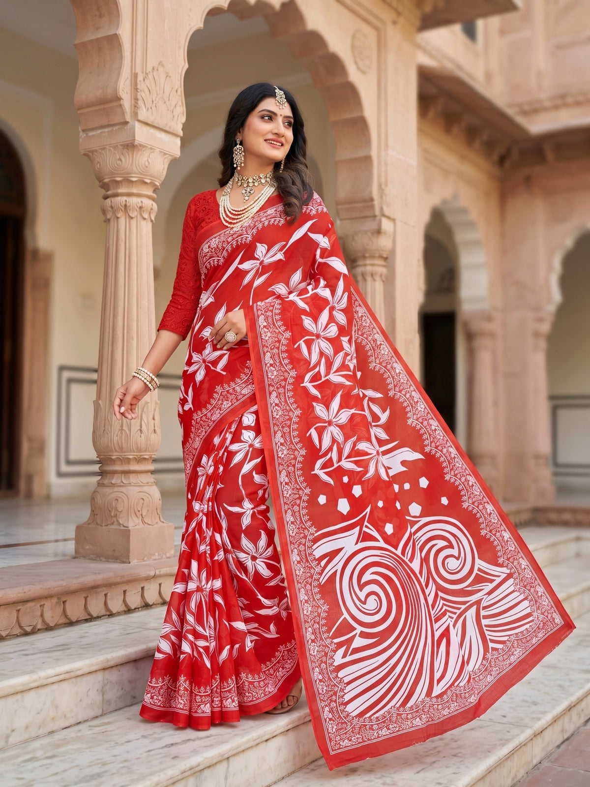 Malang 94 Pure Cotton Printed Daily Wear Saree – Red
