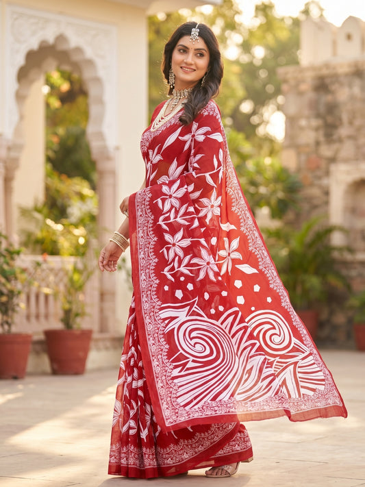 Malang 94 Pure Cotton Printed Daily Wear Saree – Dark Red