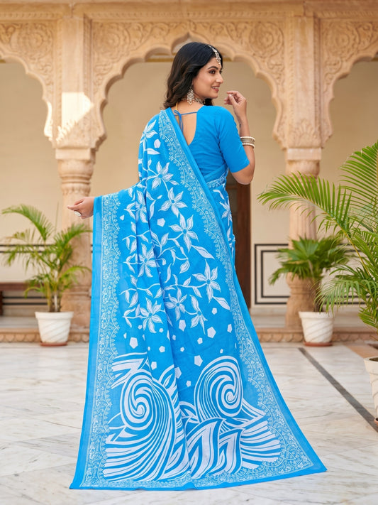 Malang 94 Pure Cotton Printed Daily Wear Saree – Light Blue