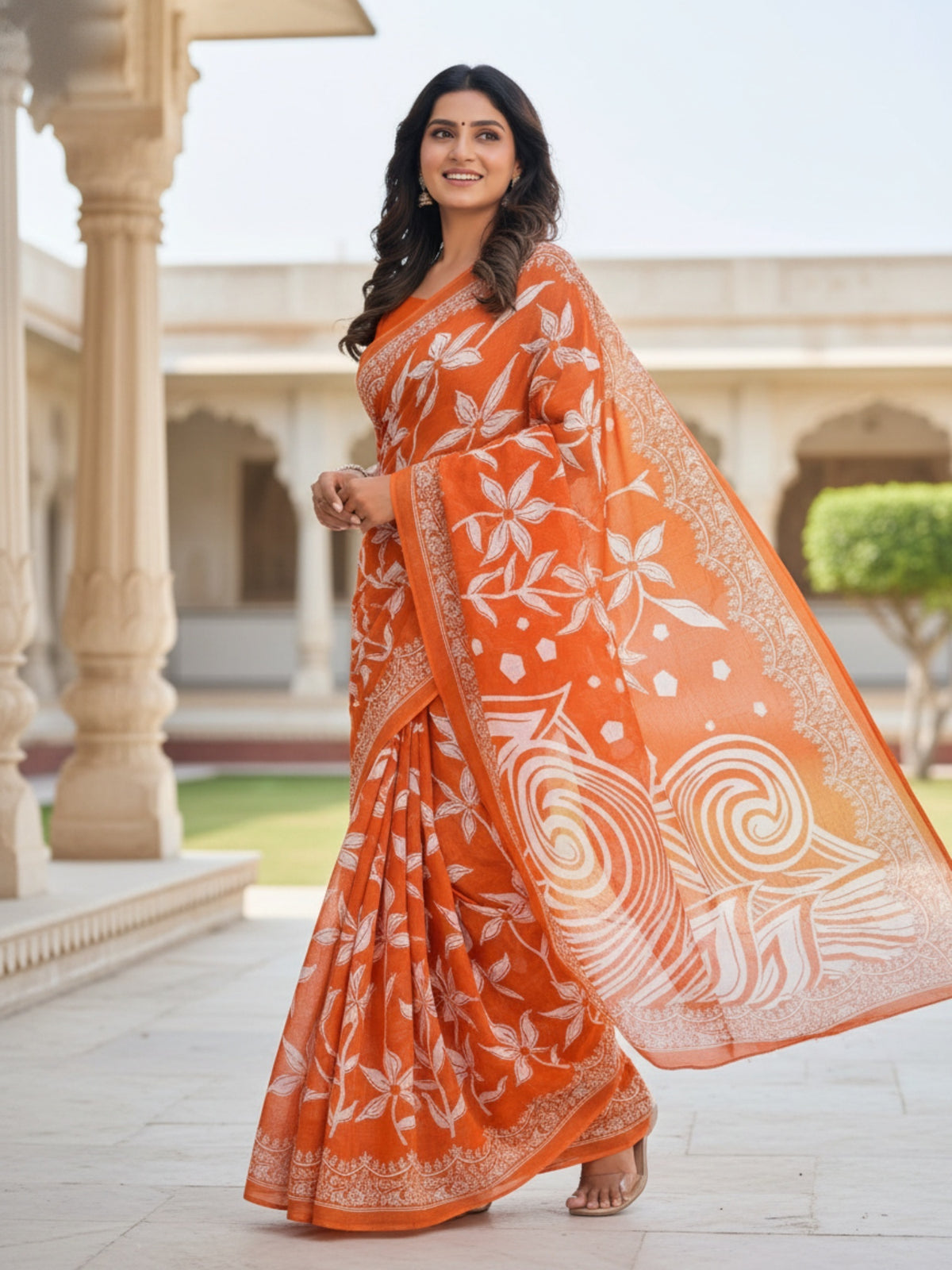 Malang 94 Pure Cotton Printed Daily Wear Saree – Orange