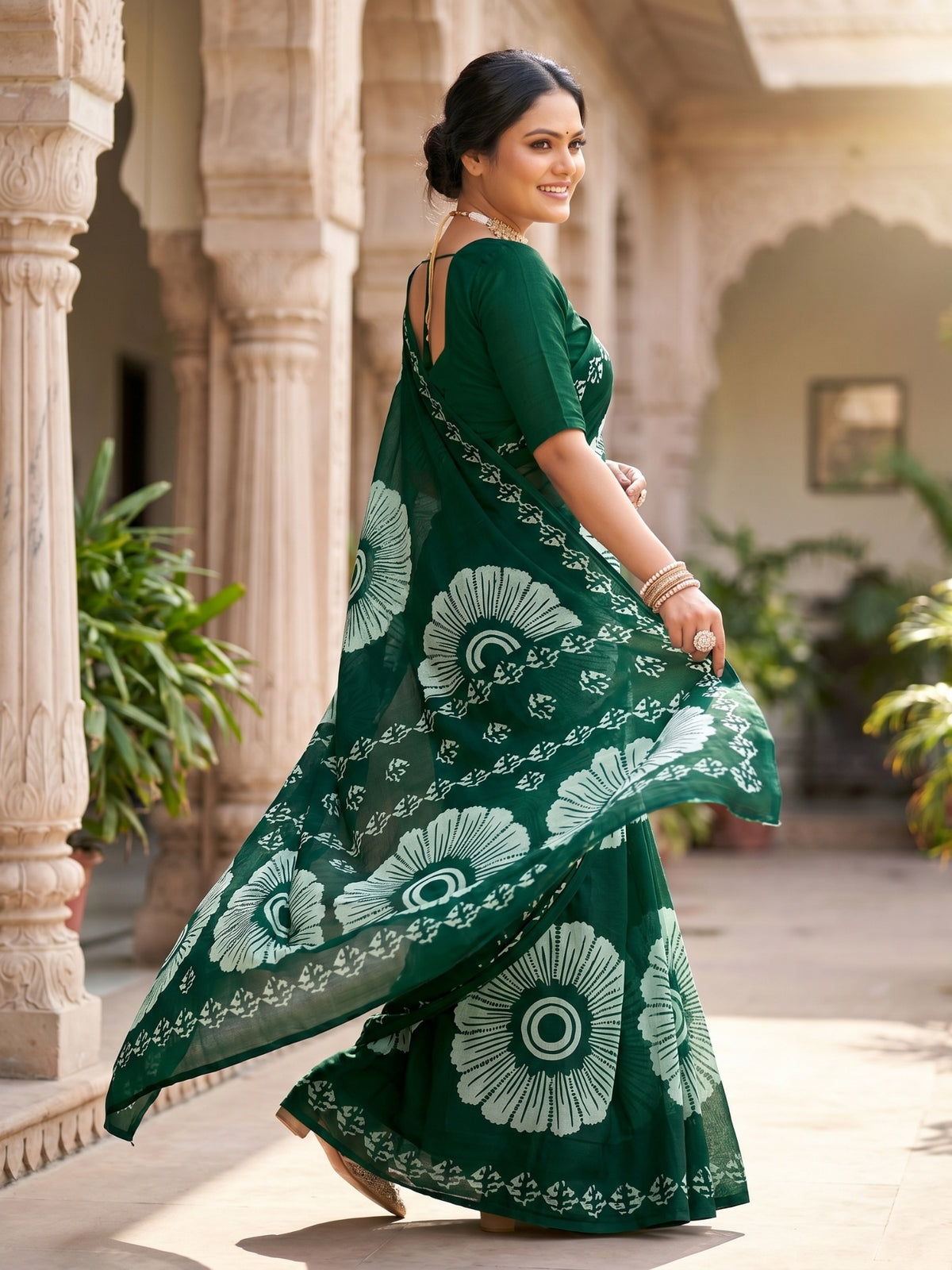 Malang 95 Pure Cotton Printed Daily Wear Saree – Dark Green