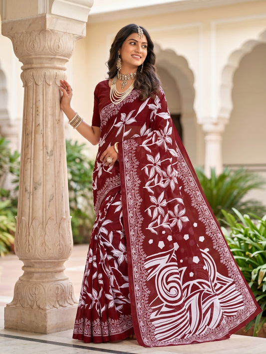 Malang 94 Pure Cotton Printed Daily Wear Saree – Maroon