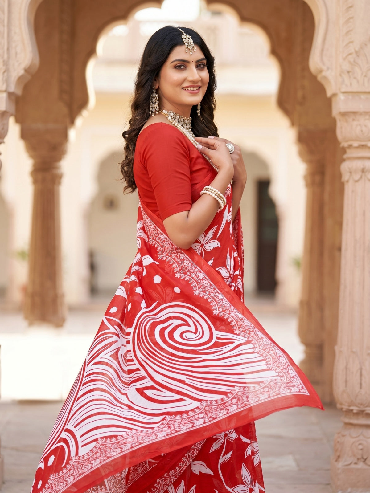 Malang 94 Pure Cotton Printed Daily Wear Saree – Red
