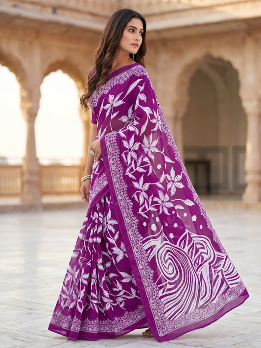 Malang 94 Pure Cotton Printed Daily Wear Saree – Purple
