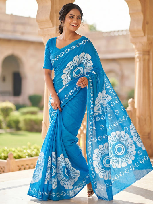Malang 95 Pure Cotton Printed Daily Wear Saree – Sky Blue
