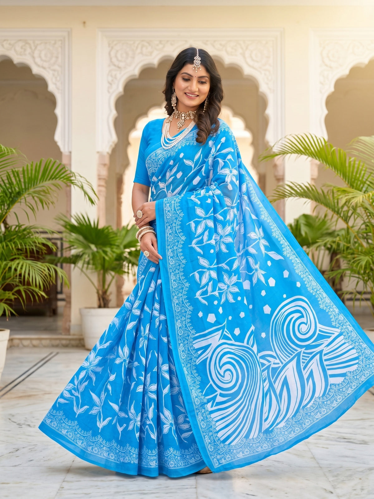 Malang 94 Pure Cotton Printed Daily Wear Saree – Light Blue