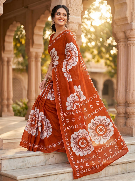 Malang 95 Pure Cotton Printed Daily Wear Saree – Orange