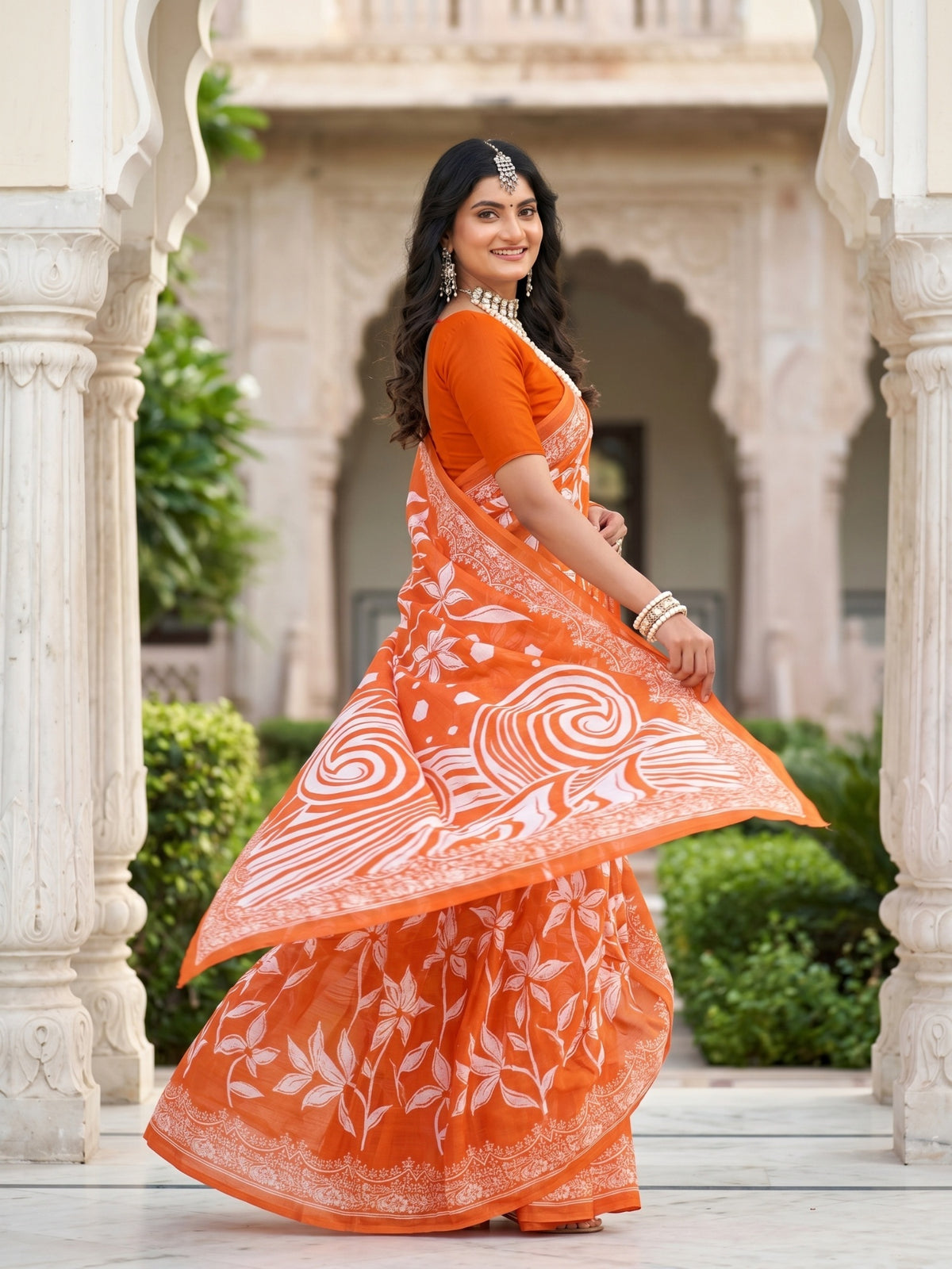 Malang 94 Pure Cotton Printed Daily Wear Saree – Orange