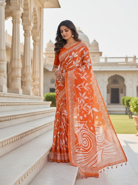 Malang 94 Pure Cotton Printed Daily Wear Saree – Orange