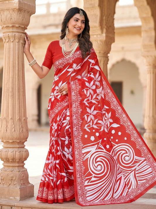 Malang 94 Pure Cotton Printed Daily Wear Saree – Red