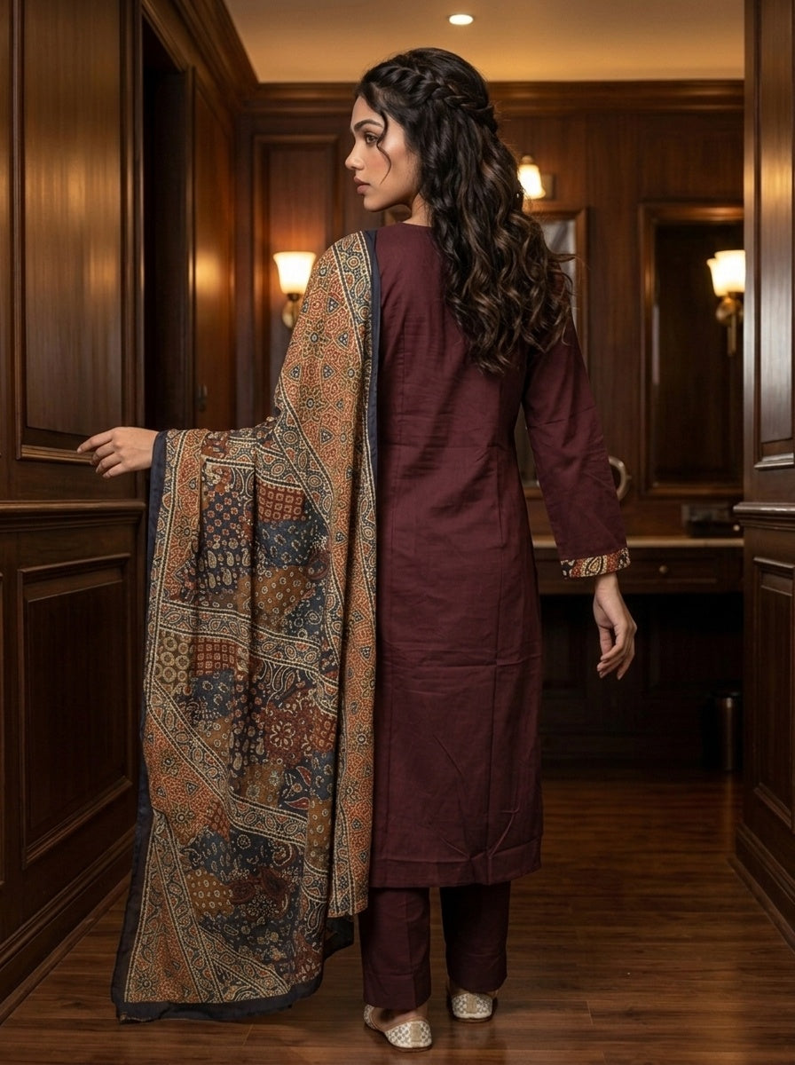 Sitara Women's Black Pure Cotton Straight Salwar Suit with Applique Work & Kalamkari Printed Dupatta| Ank