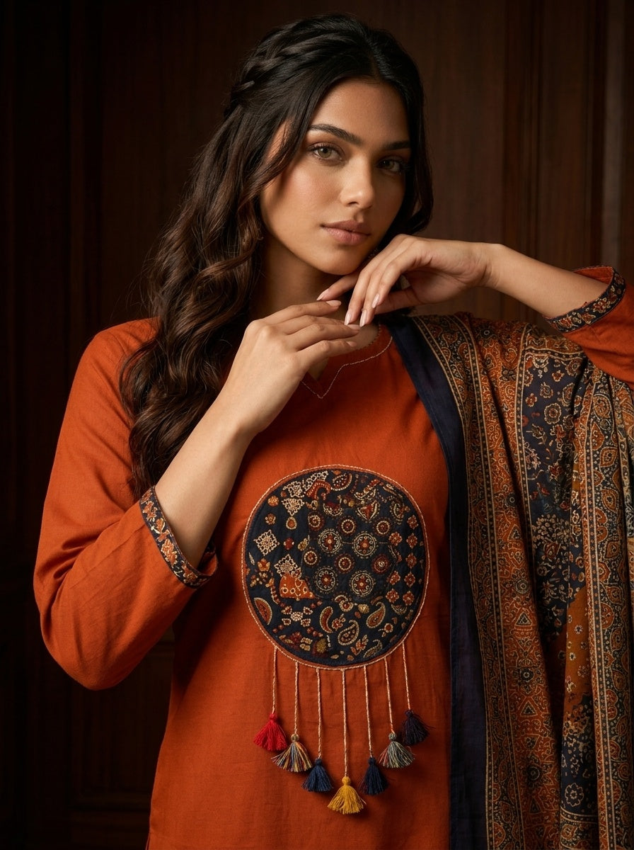 Sitara Women's Black Pure Cotton Straight Salwar Suit with Applique Work & Kalamkari Printed Dupatta| Ank