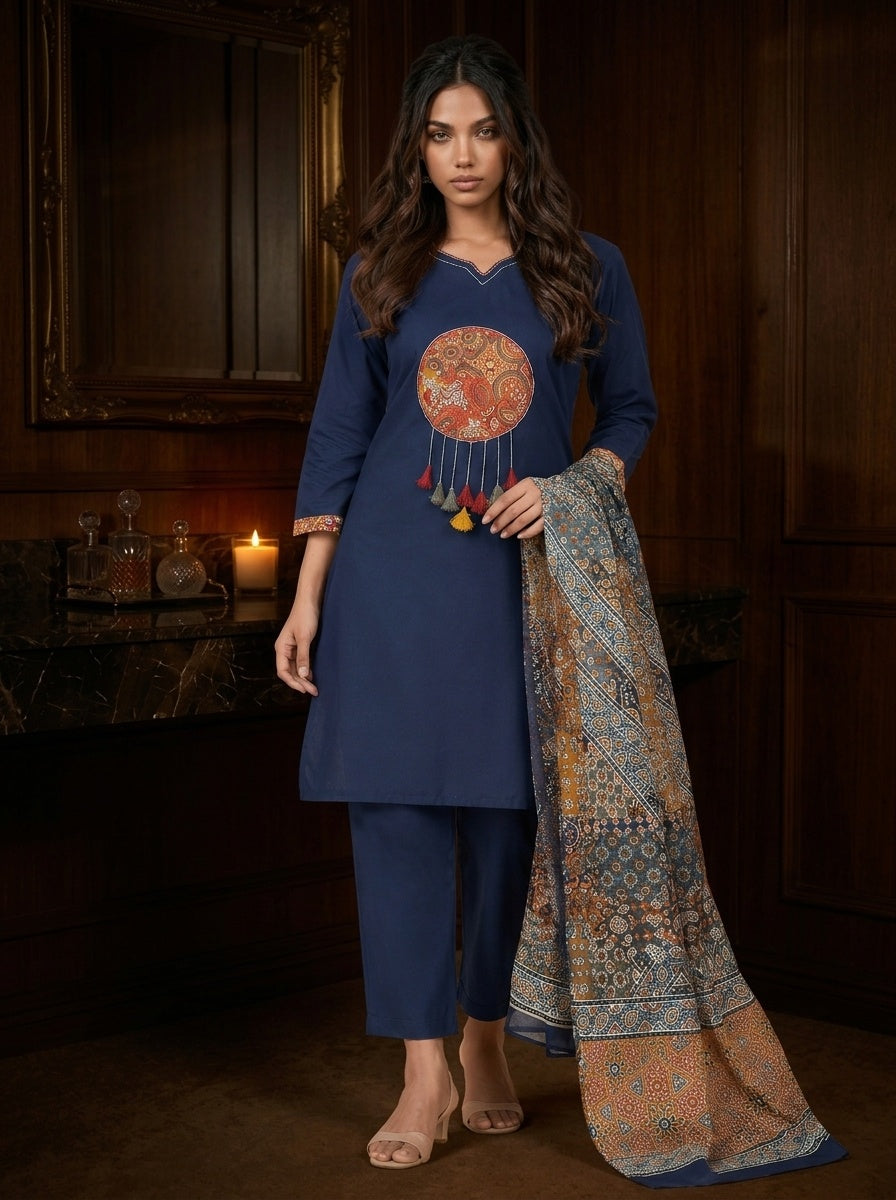 Sitara Women's Black Pure Cotton Straight Salwar Suit with Applique Work & Kalamkari Printed Dupatta| Ank