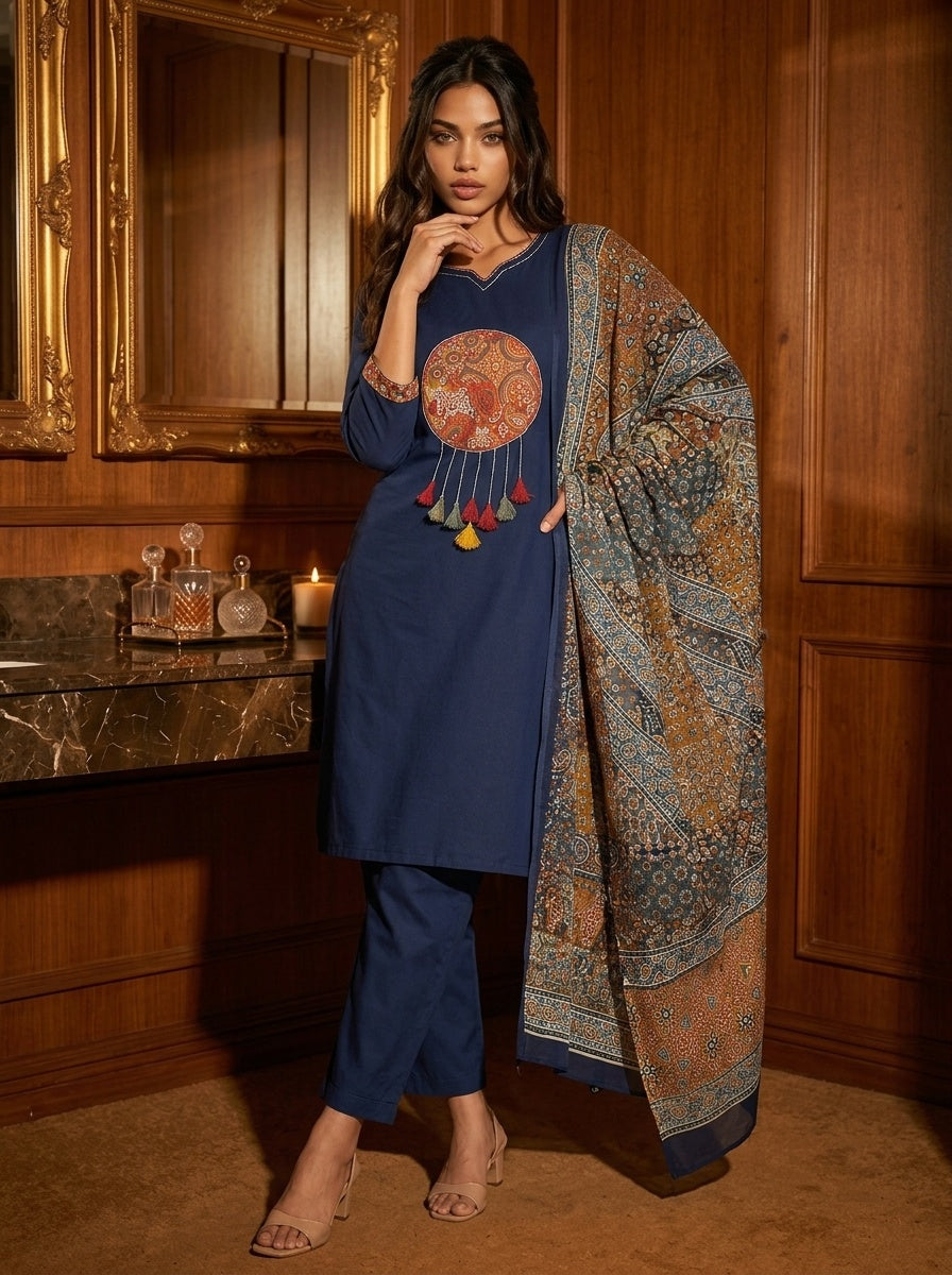 Sitara Women's Black Pure Cotton Straight Salwar Suit with Applique Work & Kalamkari Printed Dupatta| Ank