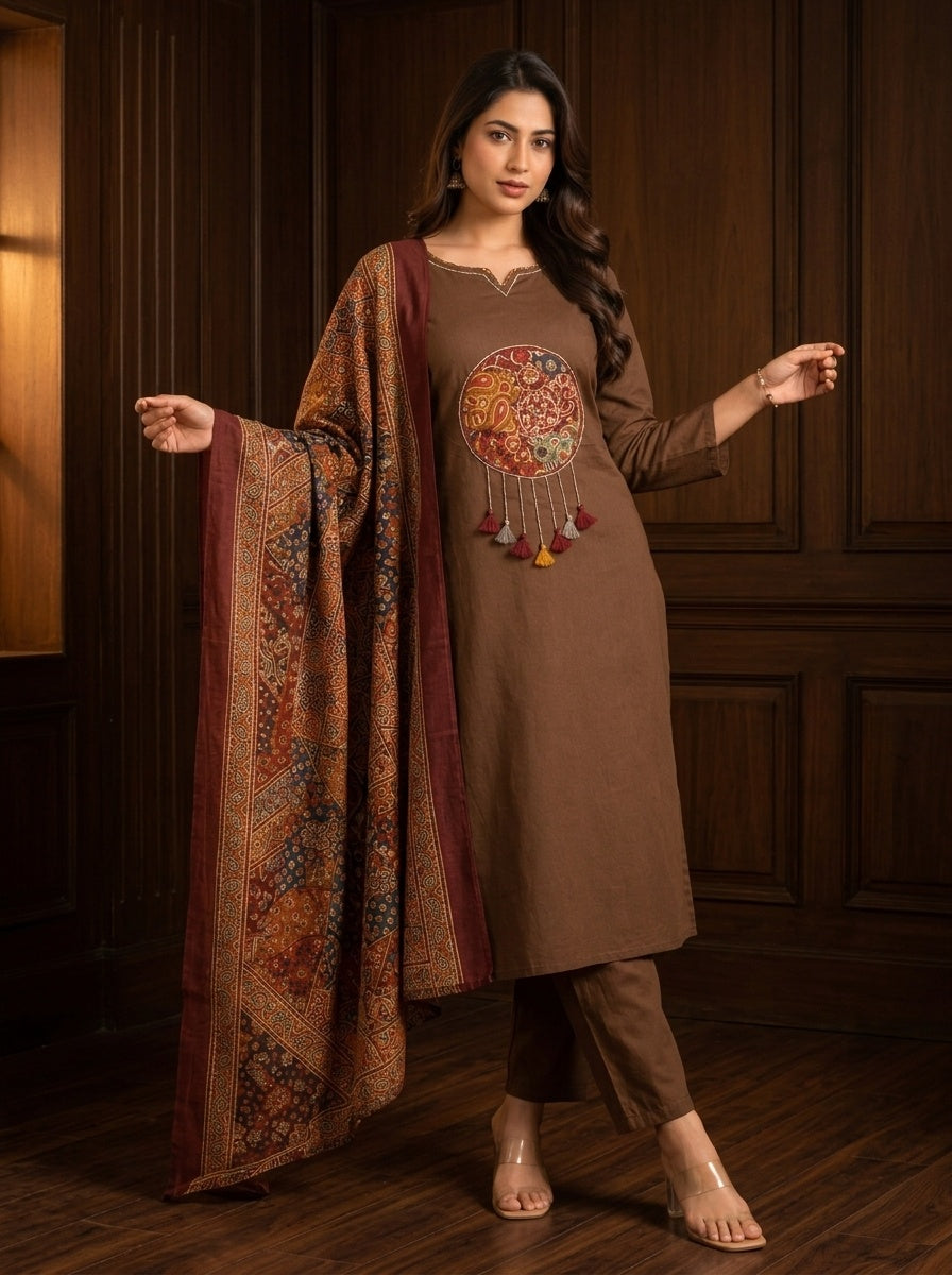 Sitara Women's Black Pure Cotton Straight Salwar Suit with Applique Work & Kalamkari Printed Dupatta| Ank