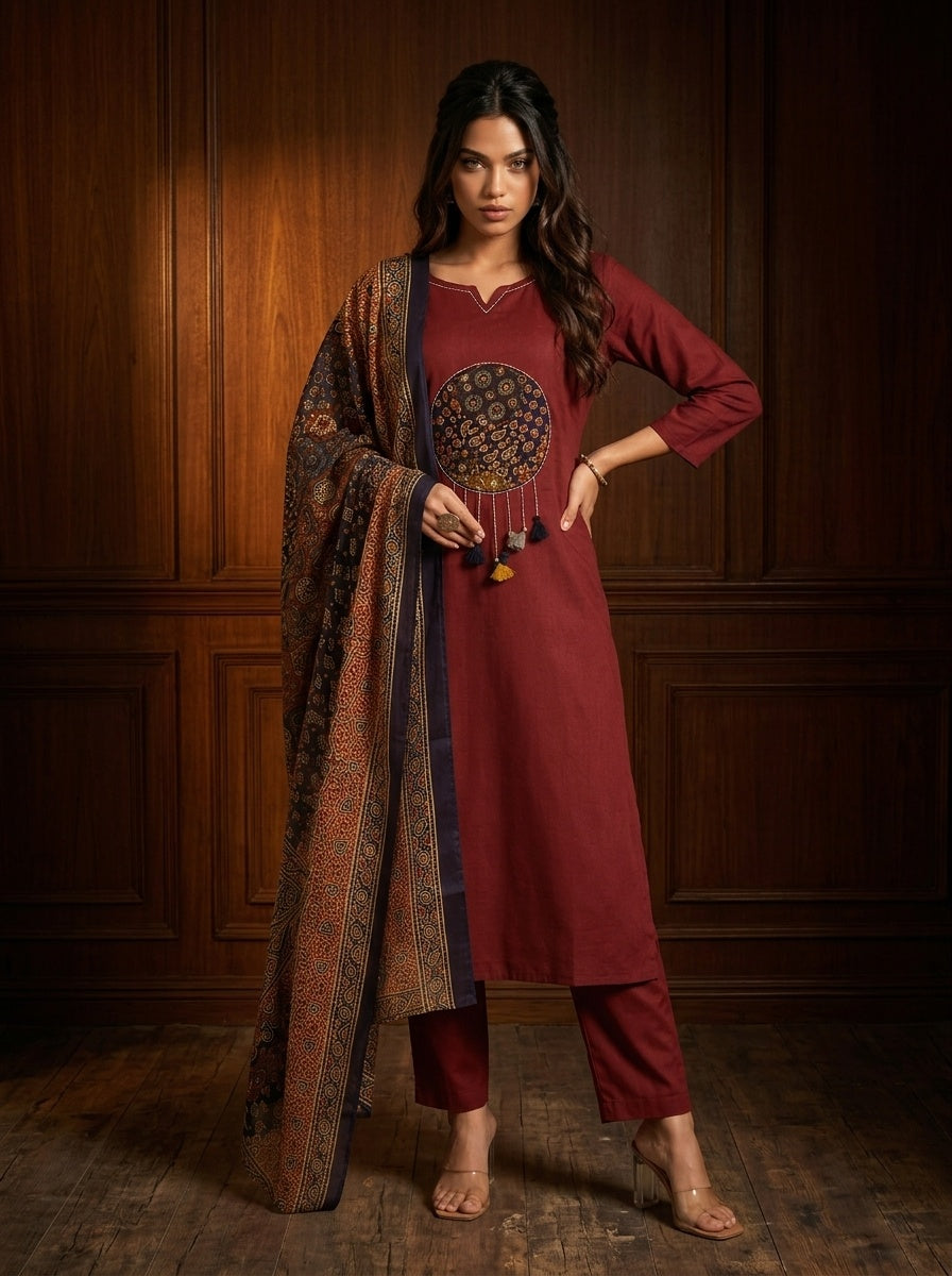 Sitara Women's Black Pure Cotton Straight Salwar Suit with Applique Work & Kalamkari Printed Dupatta| Ank