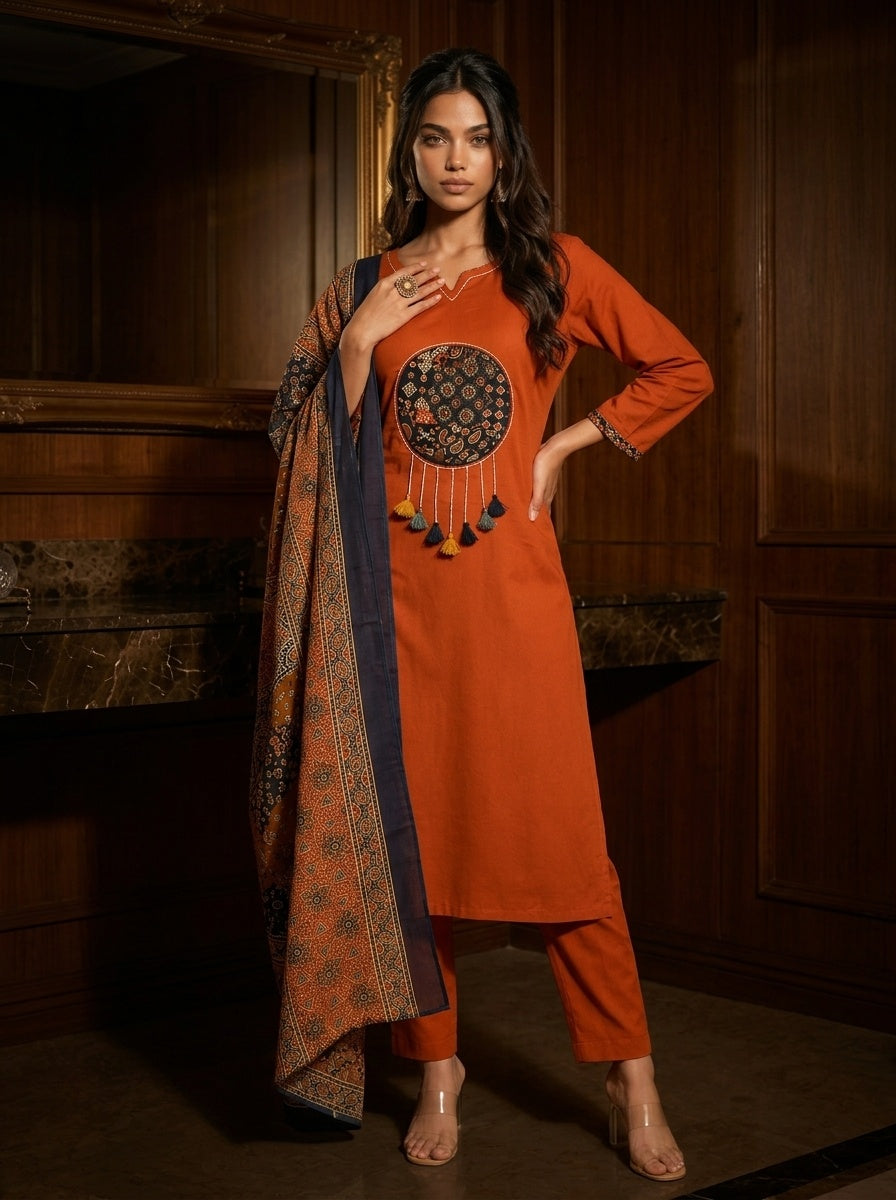 Sitara Women's Black Pure Cotton Straight Salwar Suit with Applique Work & Kalamkari Printed Dupatta| Ank