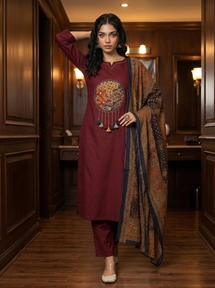 Sitara Women's Black Pure Cotton Straight Salwar Suit with Applique Work & Kalamkari Printed Dupatta| Ank
