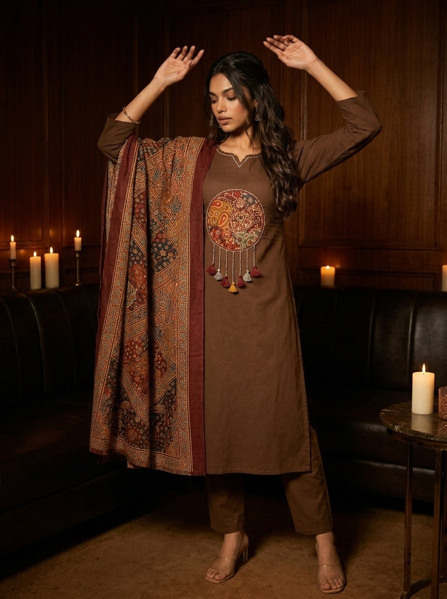 Sitara Women's Black Pure Cotton Straight Salwar Suit with Applique Work & Kalamkari Printed Dupatta| Ank