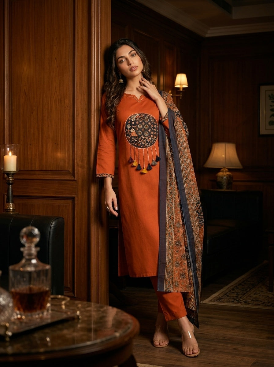 Sitara Women's Black Pure Cotton Straight Salwar Suit with Applique Work & Kalamkari Printed Dupatta| Ank