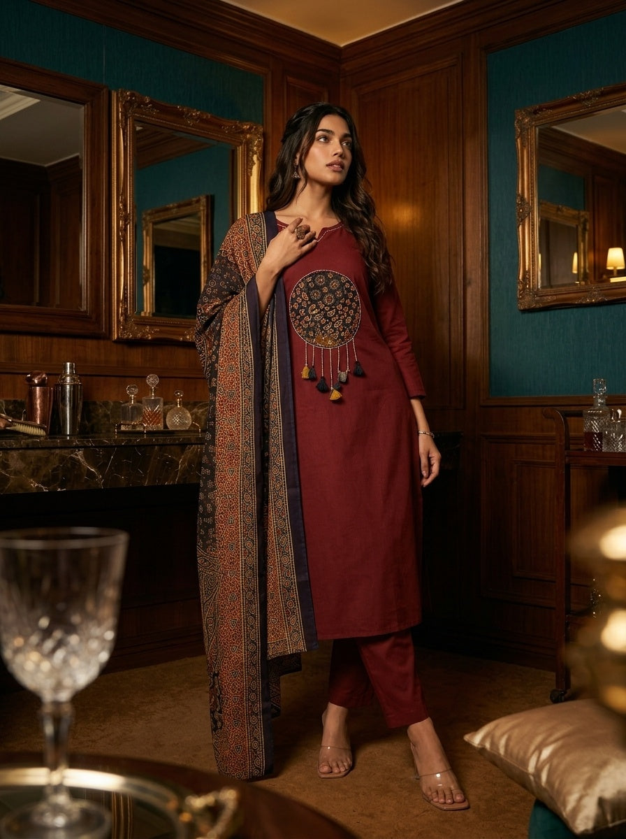 Sitara Women's Black Pure Cotton Straight Salwar Suit with Applique Work & Kalamkari Printed Dupatta| Ank