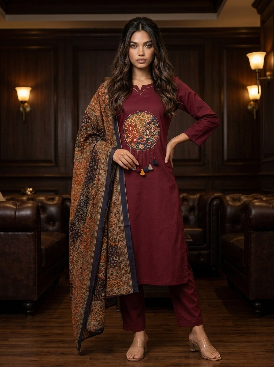Sitara Women's Black Pure Cotton Straight Salwar Suit with Applique Work & Kalamkari Printed Dupatta| Ank