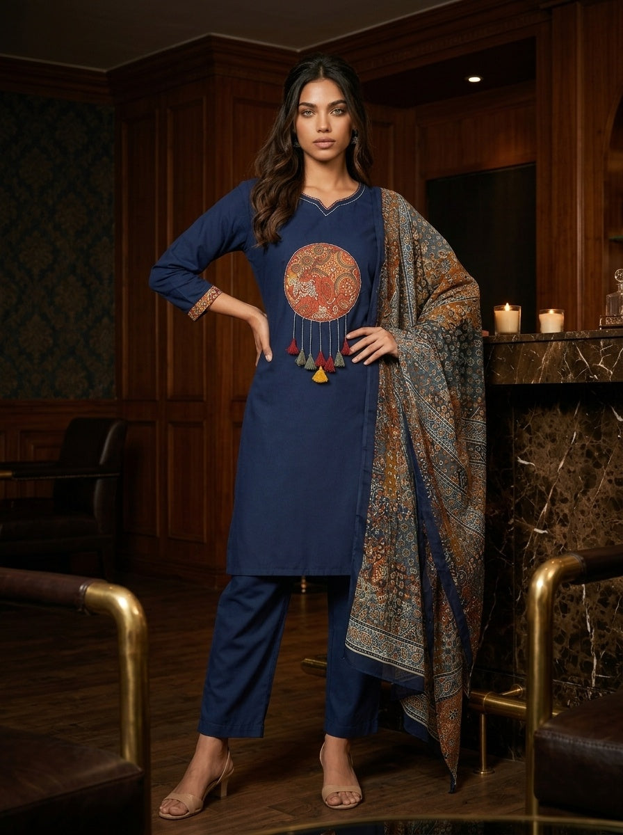 Sitara Women's Black Pure Cotton Straight Salwar Suit with Applique Work & Kalamkari Printed Dupatta| Ank