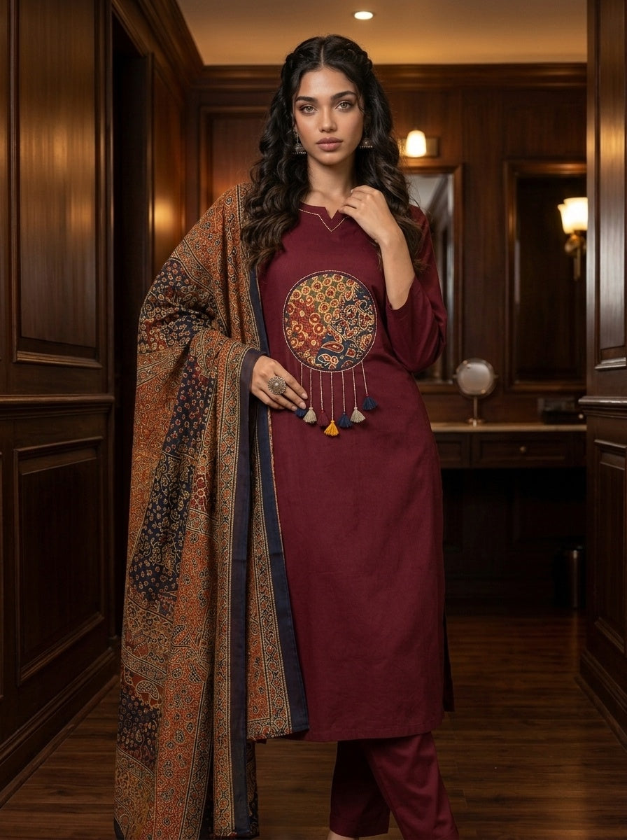Sitara Women's Black Pure Cotton Straight Salwar Suit with Applique Work & Kalamkari Printed Dupatta| Ank