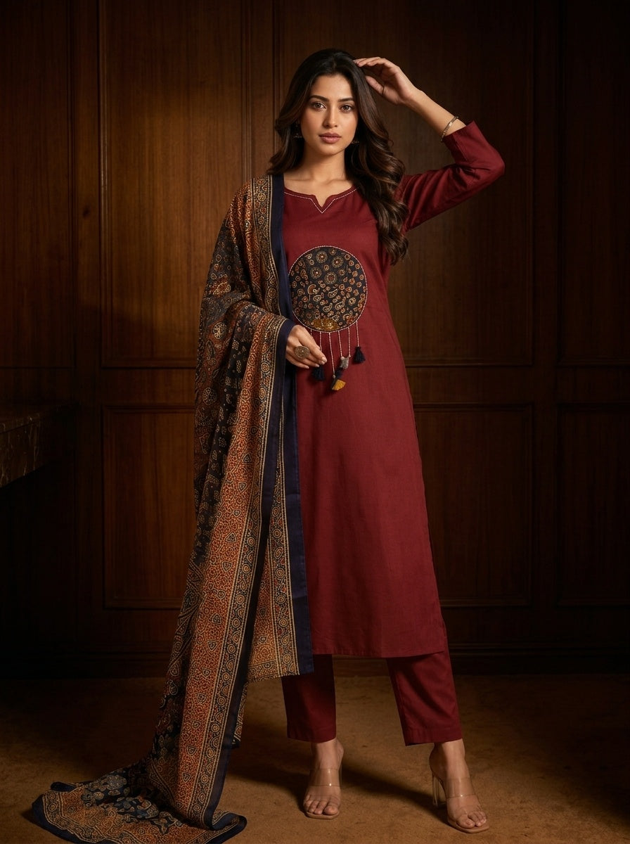 Sitara Women's Black Pure Cotton Straight Salwar Suit with Applique Work & Kalamkari Printed Dupatta| Ank