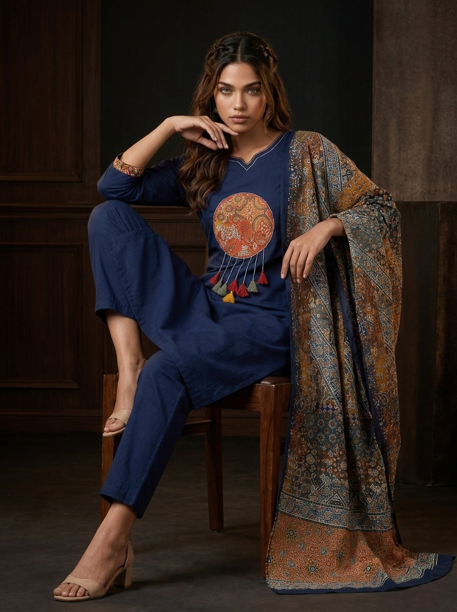 Sitara Women's Black Pure Cotton Straight Salwar Suit with Applique Work & Kalamkari Printed Dupatta| Ank