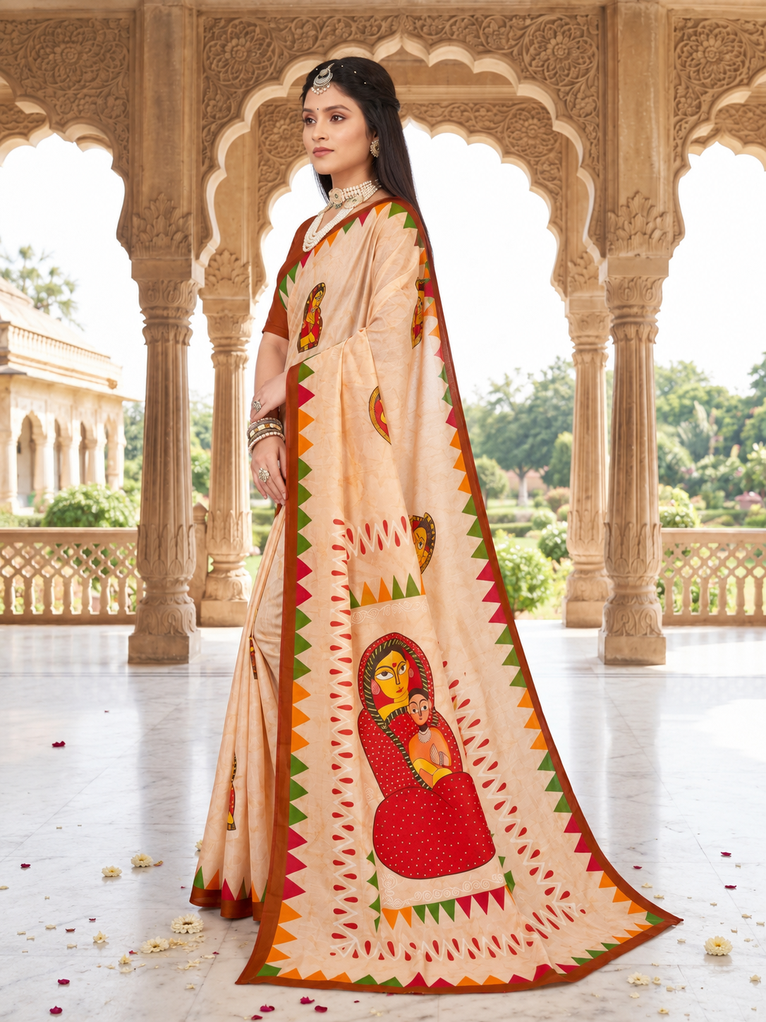 Digital Fashion Beige Idol Cotton Pritned Saree