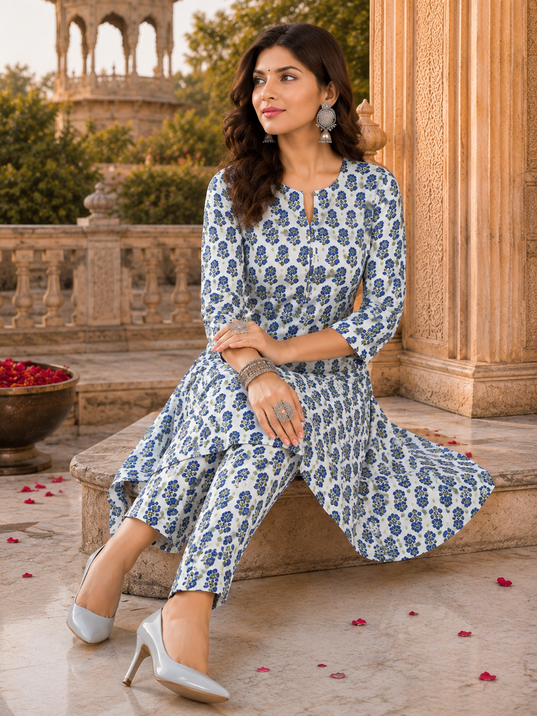 Women Antique White Floral Printed Rayon A-Line Co-Ord Set with Trousers