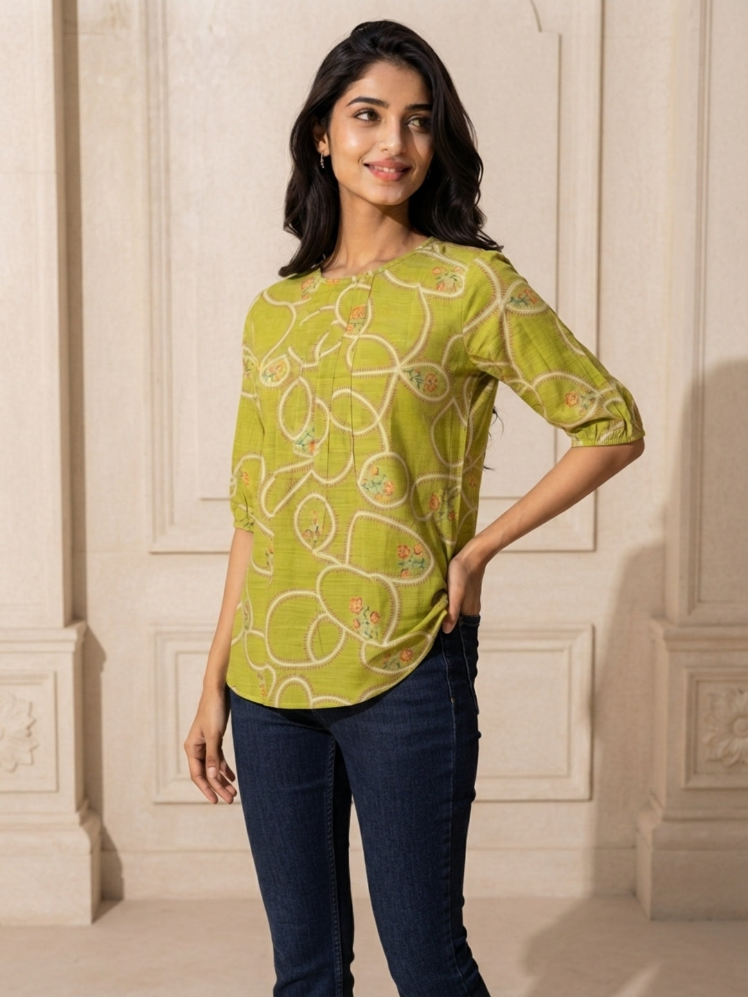 Tiyasha Green Abstract Chanderi Modal A-Line Kurti For Women with Ruffle Detail & Round Neck | Ank