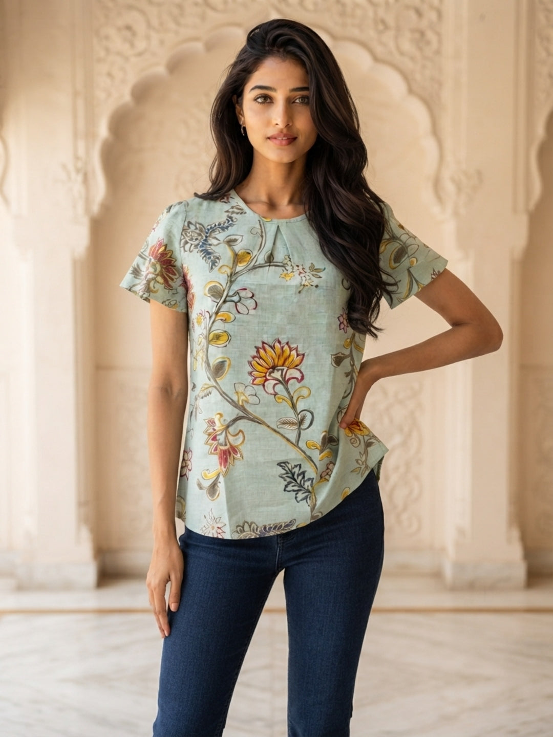Tiyasha Light Green Floral Chanderi Modal A-Line Kurti For Women with Round Neck & Short Sleeves | Ank
