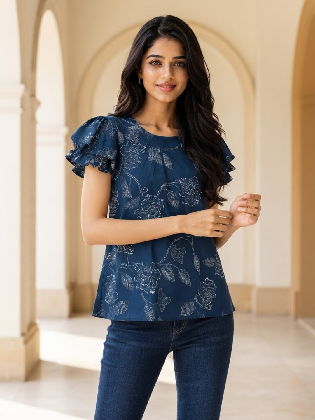 Tiyasha Navy Blue Floral Chanderi Modal A-Line Kurti For Women with Round Neck & Short Sleeves | Ank