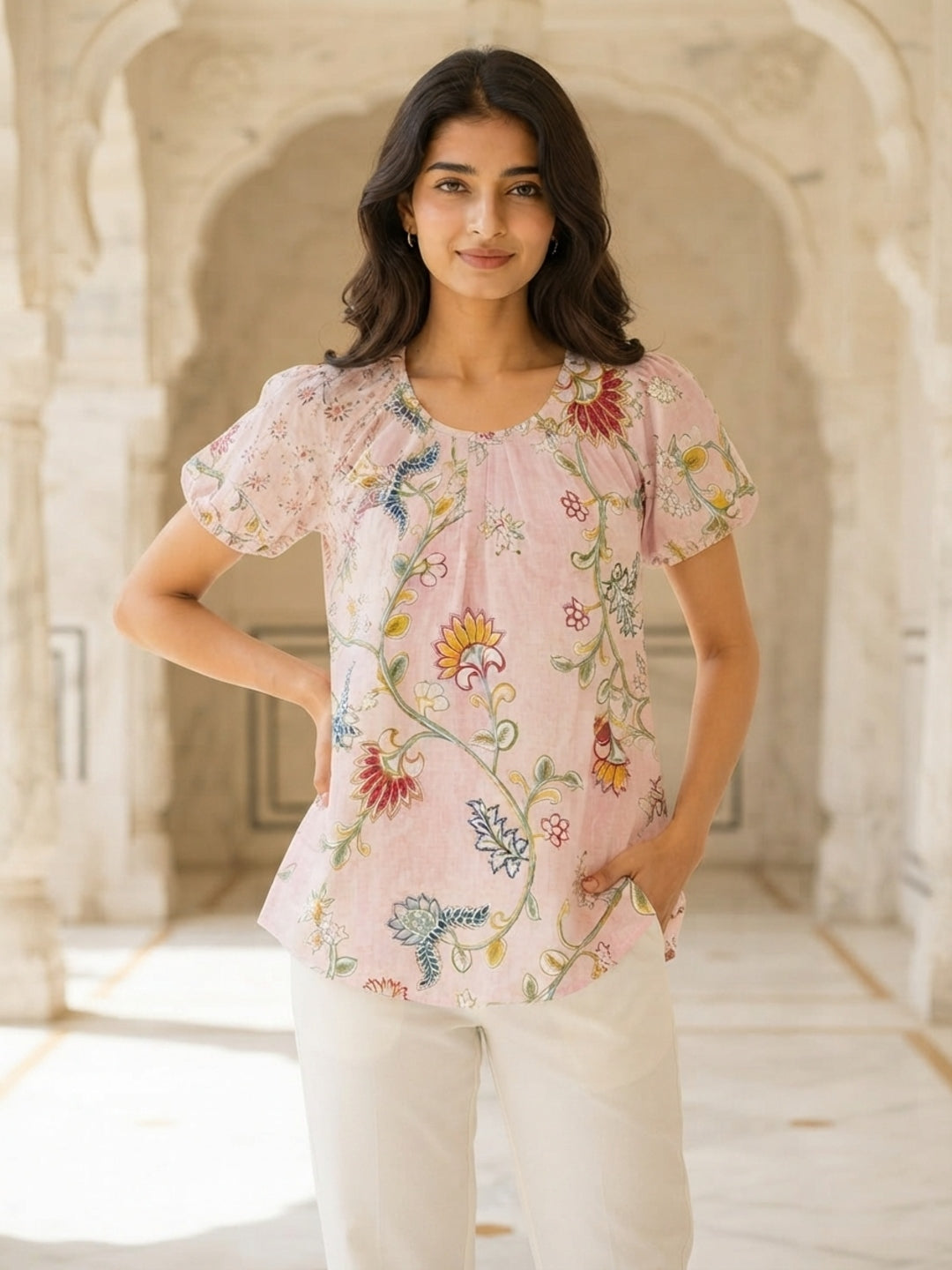 Tiyasha Orange Floral Chanderi Modal A-Line Kurti For Women with Round Neck & Short Sleeves | Ank