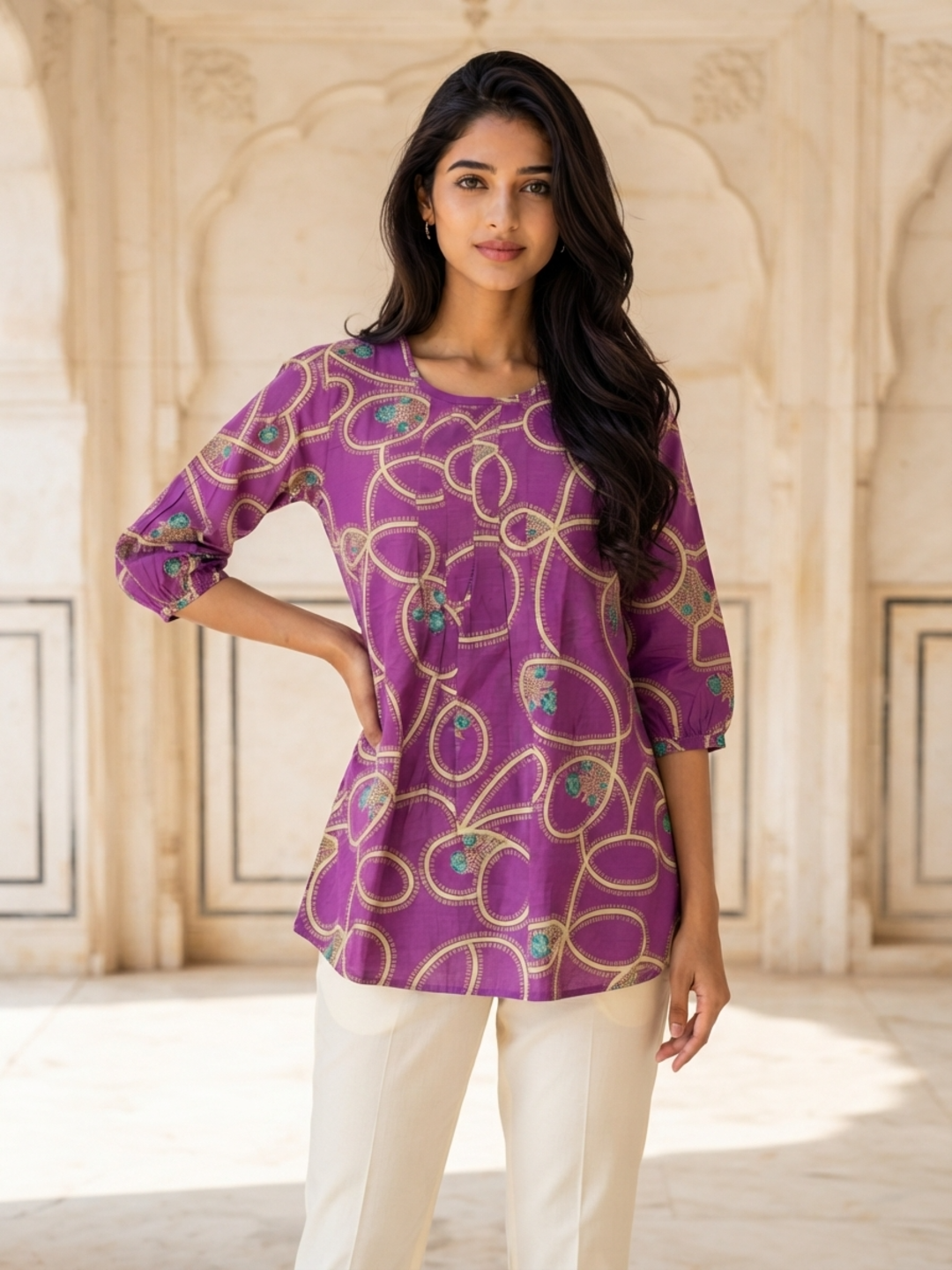 Tiyasha Purple Abstract Chanderi Modal A-Line Kurti For Women with Ruffle Sleeves & Round Neck | Ank