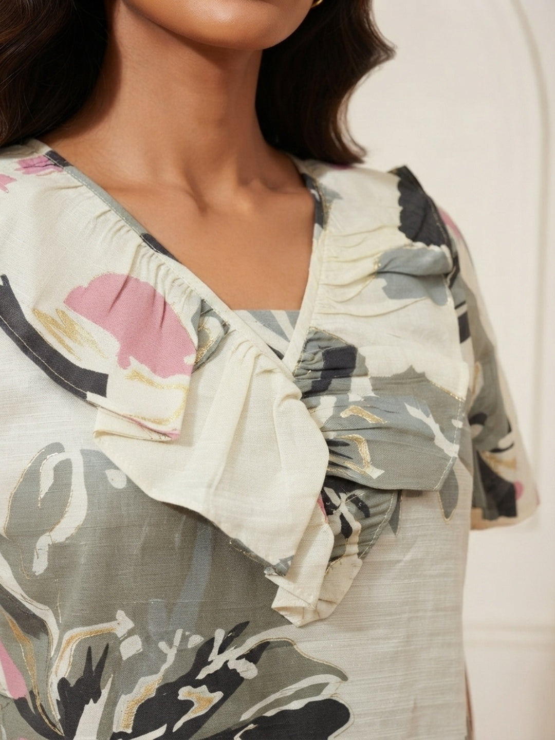 Tiyasha Cream Floral Chanderi Modal A-Line Kurti For Women with V-Neck & Short Sleeves | Ank